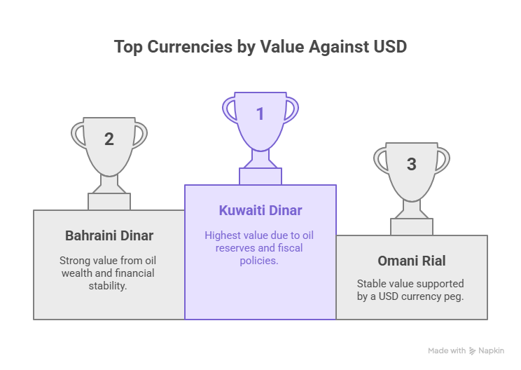 A professional illustration titled "Top Currencies by Value Against USD" features three trophy pedestals. The first-place pedestal in the center, highlighted in purple, displays a trophy labeled "1" and identifies the "Kuwaiti Dinar" as having the "Highest value due to oil reserves and fiscal policies." To the left, the second-place pedestal shows a trophy labeled "2" and describes the "Bahraini Dinar" as having "Strong value from oil wealth and financial stability." On the right, the third-place pedestal with a trophy labeled "3" indicates the "Omani Rial" has a "Stable value supported by a USD currency peg." The bottom right corner includes "Made with Napkin."
